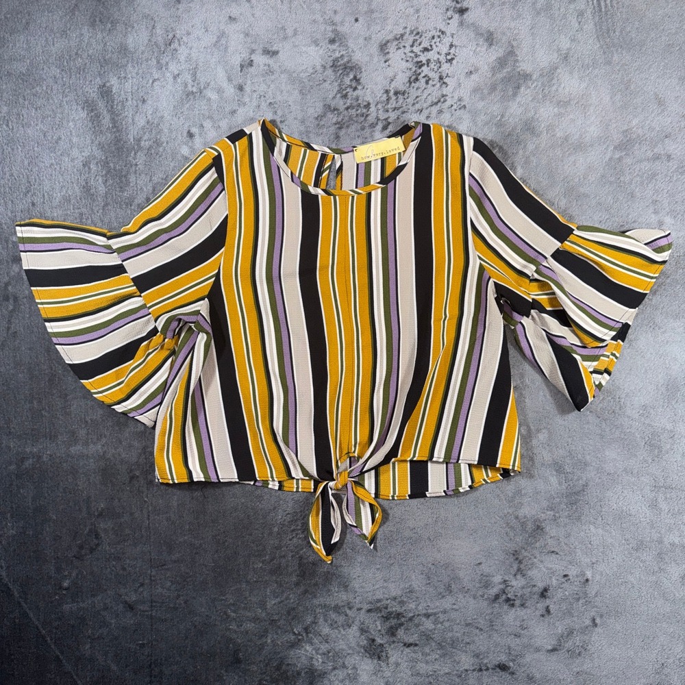 How Very Loved Striped Tie Front Bell Sleeve Blouse Mustard Purple NKT554815 S